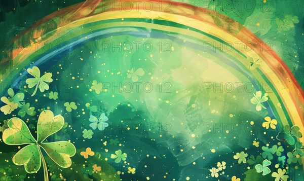 Artistic representation of a rainbow amidst clovers with a magical feel AI generated