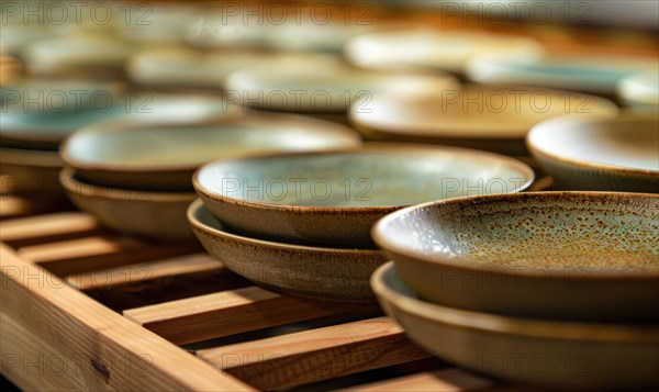 A display of various ceramic plates on a wooden rack with earthy tones AI generated