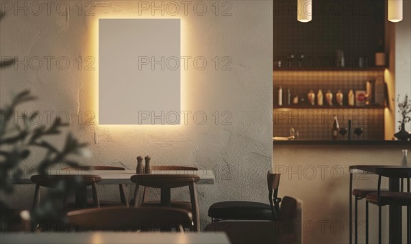 Cozy cafe interior with warm lighting and an empty frame on a textured wall AI generated