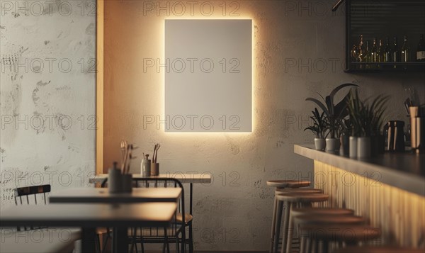 Warm cafe interior with backlit frame, modern design, and cozy wooden seating AI generated