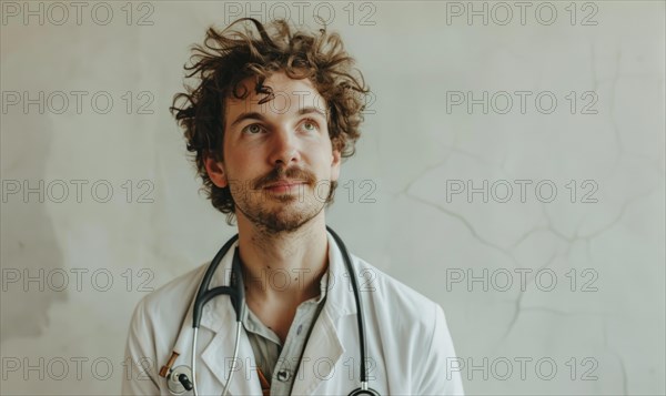 A male doctor with curly hair wearing a stethoscope looking confident AI generated