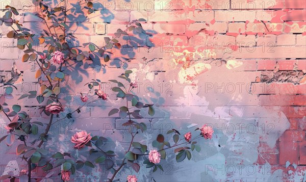 Serene roses mural on a faded brick wall in soft pastel tones AI generated