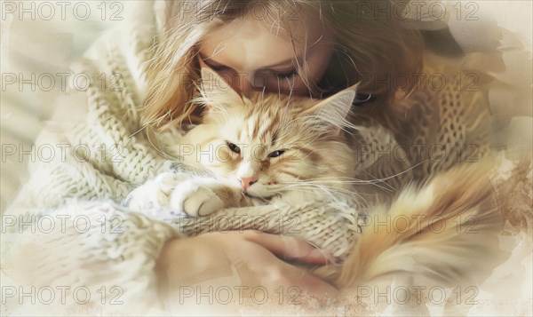 Close-up of a tender moment between a woman and her cat with a soft texture AI generated