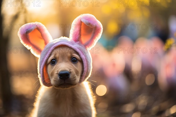 Cute young dog with pink Easter bunny costume hat. KI generiert, generiert AI generated