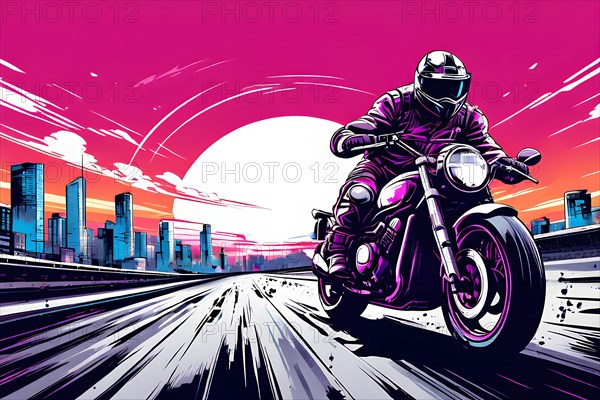 Fast biker in the city with skyscrapers, subtle color line art, AI generated