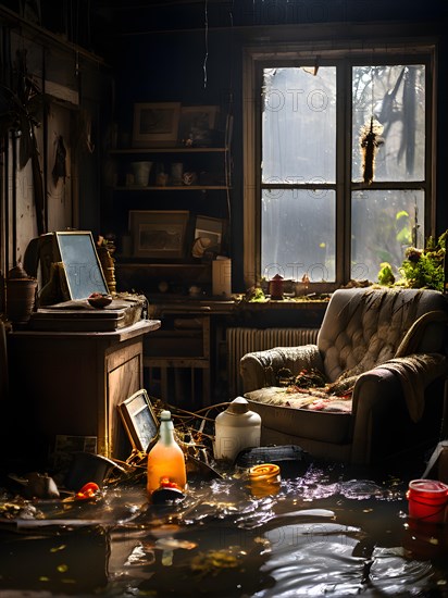 Interior of a flooded home furniture and personal items drenched, AI generated