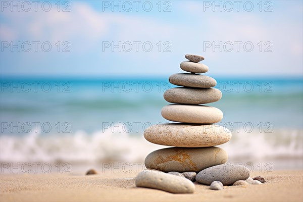 Meditation stacking stones at beach. KI generiert, generiert AI generated