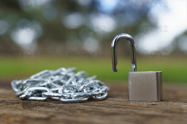 Close-up of an open padlock next to a chain strung on a wooden table in a field with an out-of-focus background