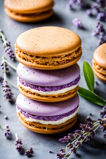 Gourmet ice cream sandwich with french macarons lavender honey ice cream, AI generated