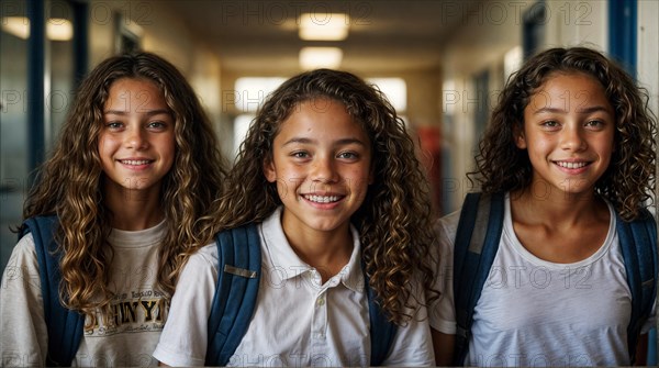 Twins with curly hair smiling with backpacks in a school hallway, wide horizontal aspect ratio, AI generated