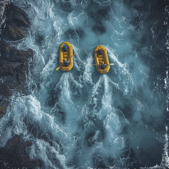 Whitewater riders ride boats through rapids, AI generated