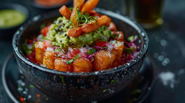Tasty Mexican snack with seasoned fries topped with guacamole and pico de gallo, ai generated, AI generated