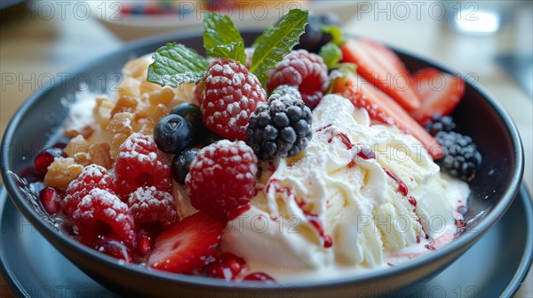 Dessert bowl with fresh mixed berries, whipped cream, and a sprig of mint, ai generated, AI generated