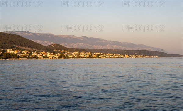 Evening light over a bay near the town of Rab, panoramic shot, island of Rab, Kvarner Gulf Bay, Croatia, Europe