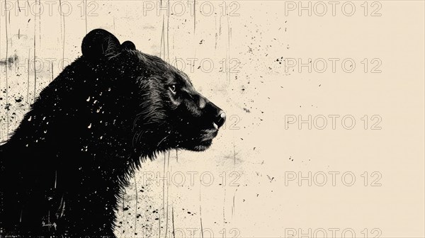 Side profile of a bear with grunge texture on a cream background in monochrome, ai generated, AI generated