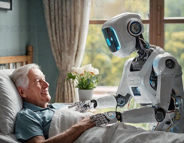 A smiling elderly man interacts with a care robot in a bright room, AI generated, AI generated