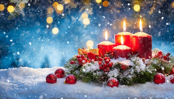 Ai generated, Advent wreath with burning candles, Christmas season, Christmas decoration, 4th Advent, Fourth Advent