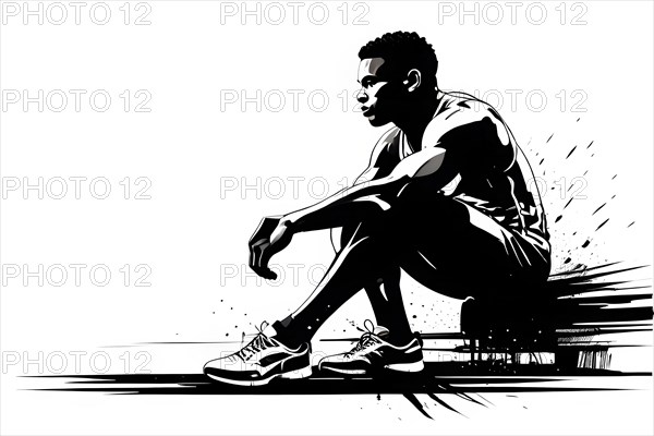 Human athlete sitting in starting blocks track and field, black and white illustration, AI generated