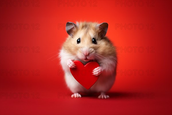 Cute pet hamster holding small red heart in front of red studio background. KI generiert, generiert AI generated