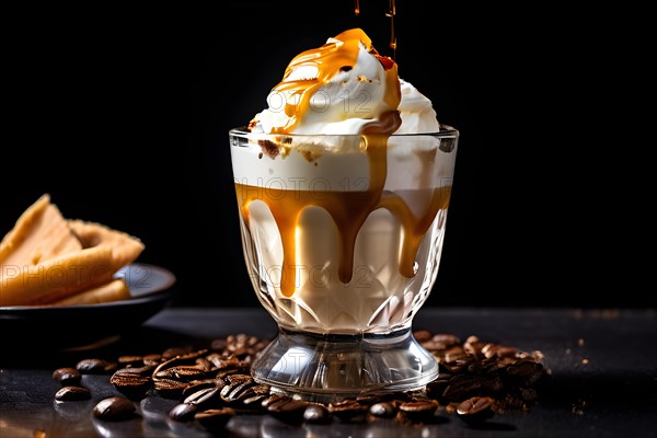 Vanilla gelato embraced by a cascade of hot espresso in a translucent dessert glass, AI generated
