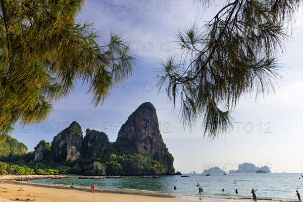 Railay-beach near Krabi, panorama, sandy beach, dream beach, beach, beach holiday, limestone rocks, landscape, coastal landscape, coast, paradise, holiday paradise, Asian, bay, beach landscape, bay, sea, ocean, Andaman Sea, tropical, water, travel, tourism, paradisiacal, beach holiday, long-distance travel, sun, sunny, holiday, idyllic, Siam, exotic, travel photo, Krabi, Thailand, Asia