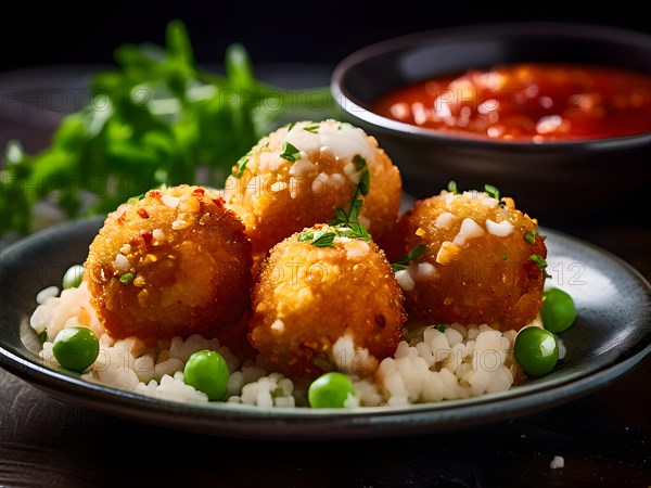 Crispy arancini risotto balls encasing molten mozzarella and green peas, AI generated