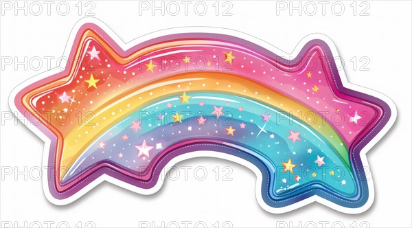 Vibrant sticker of a stylized shooting star with a rainbow trail and glittering stars, ai generated, AI generated
