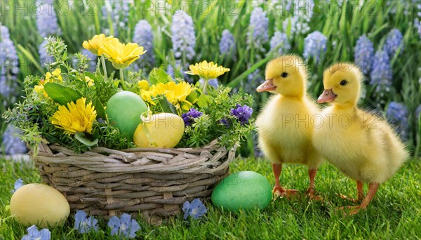 Ai generated, An Easter basket with coloured eggs in a meadow with colourful flowers, two goslings in the basket, symbolic image Easter, animal children