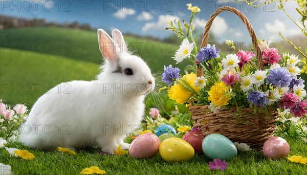 Ai generated, An Easter basket with coloured eggs in a meadow with colourful flowers, in the basket a white rabbit, symbolic picture Easter, animal children, dwarf rabbit