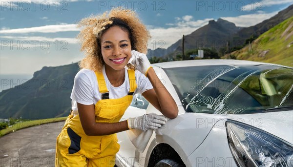 AI generated, A blonde woman washes a car by hand, silver sports car