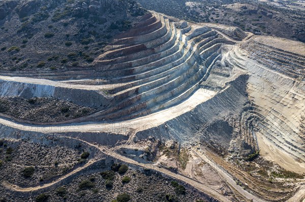 Mineral mining in the mountains near Apollonia, aerial view, Milos, Cyclades, Greece, Europe