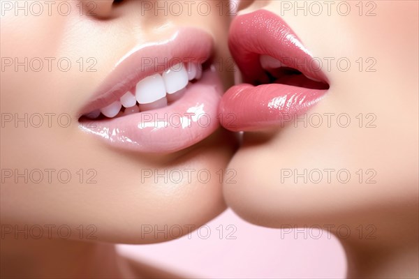 Close up of pink kissing lips of two women. LGTB concept. KI generiert, generiert AI generated