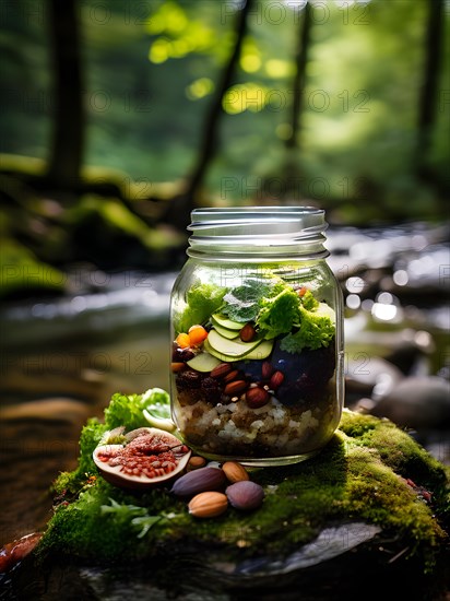 Mason jar salad featuring layers of quinoa mixed greens nuts and dried fruits, AI generated