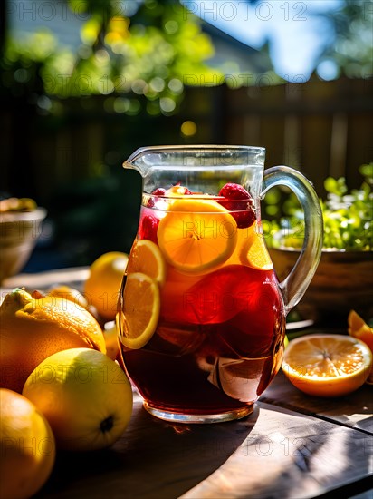 Homemade sangria pitcher brimming with sliced oranges lemons and apples, AI generated