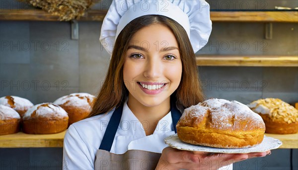 Ai generated, woman, 20, 25, years, shows, bakery, bakery shop, cake, female baker