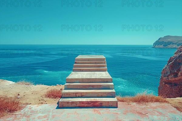 Wooden stairway leading towards a calm sea with clear sky, evoking tranquility and escape, AI generated