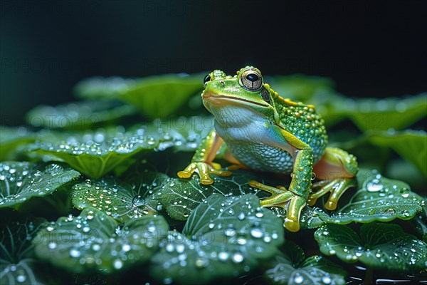 Close-up of a green frog on dewy leaves, encapsulating the essence of a humid habitat, AI generated