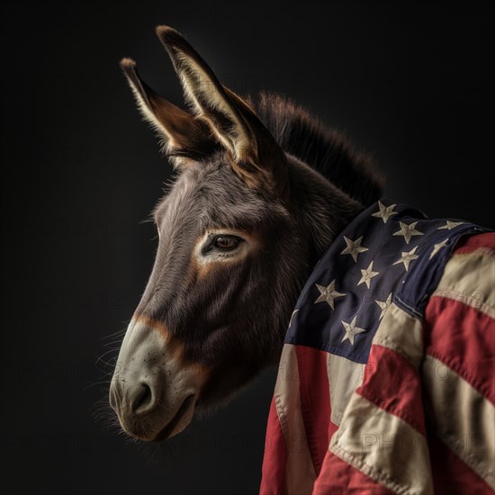 Profile view of a donkey, the political symbol for the Democrat Party, with an American flag wrapped around its shoulders, AI generated