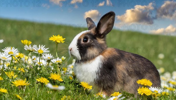 KI generated, A colourful dwarf rabbit in a meadow with white and yellow flowers, spring, side view, (Brachylagus idahoensis)