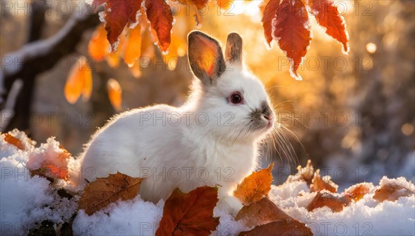 KI generated, A white dwarf rabbit in autumn, ice, snow, onset of winter, (Brachylagus idahoensis)