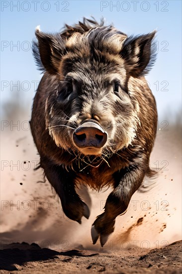 Wild boar charging dynamic view causing dust, AI generated