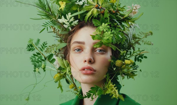 Woman with an ethereal presence, crowned with a lush floral headdress AI generated