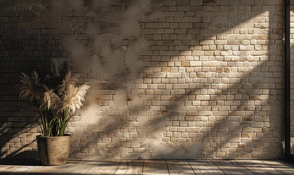 Sunlight casting shadow of a potted plant against a textured white brick wall AI generated
