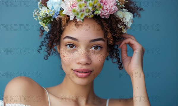 Close-up of a smiling young woman with a natural look wearing a flower crown AI generated