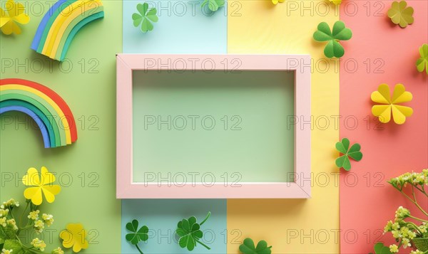 Paper art style with vibrant colors featuring a rainbow and clovers in a frame AI generated
