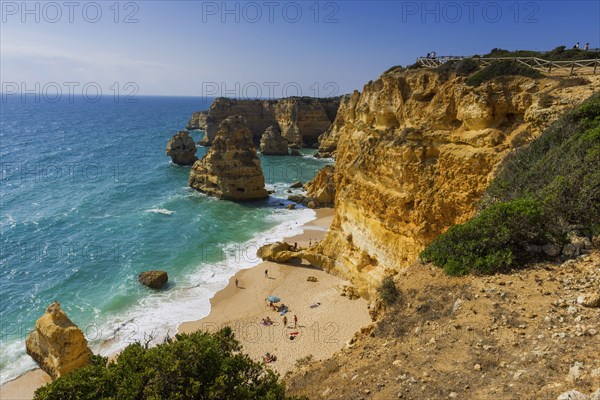 Beach, beach area in the Algarve, summer holiday, weather, sunny, Atlantic, beach, beach holiday, summer holiday, travel, holiday, tourism, nature, rocky, rocks, landscape, coastal landscape, rocky coast, cliffs, bay, bay of the sea, sea, Carvoeiro, Portugal, Europe