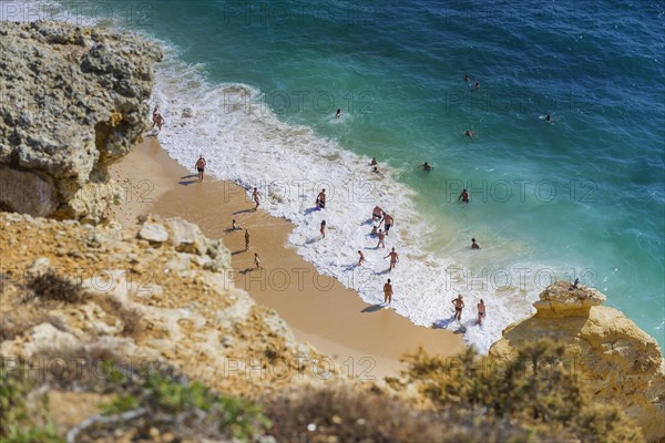 Beach, beach area in the Algarve, summer holiday, weather, sunny, Atlantic, beach, beach holiday, summer holiday, travel, holiday, tourism, nature, rocky, rocks, landscape, coastal landscape, rocky coast, cliffs, bay, bay of the sea, sea, Carvoeiro, Portugal, Europe