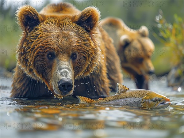 A brown bear hunts salmon in shallow clear water, AI generated