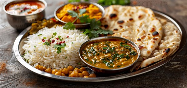 A colorful platter of Indian food including curry, rice, and naan, ai generated, AI generated