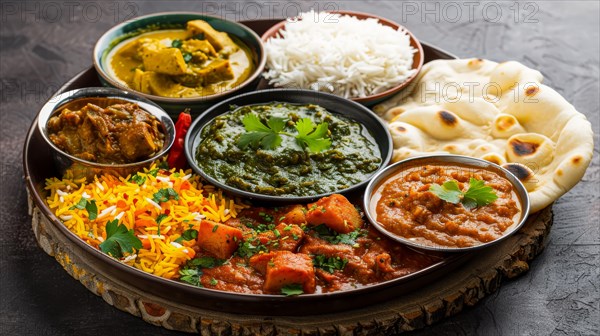 An assortment of traditional Indian dishes in a thali with rice and naan, ai generated, AI generated